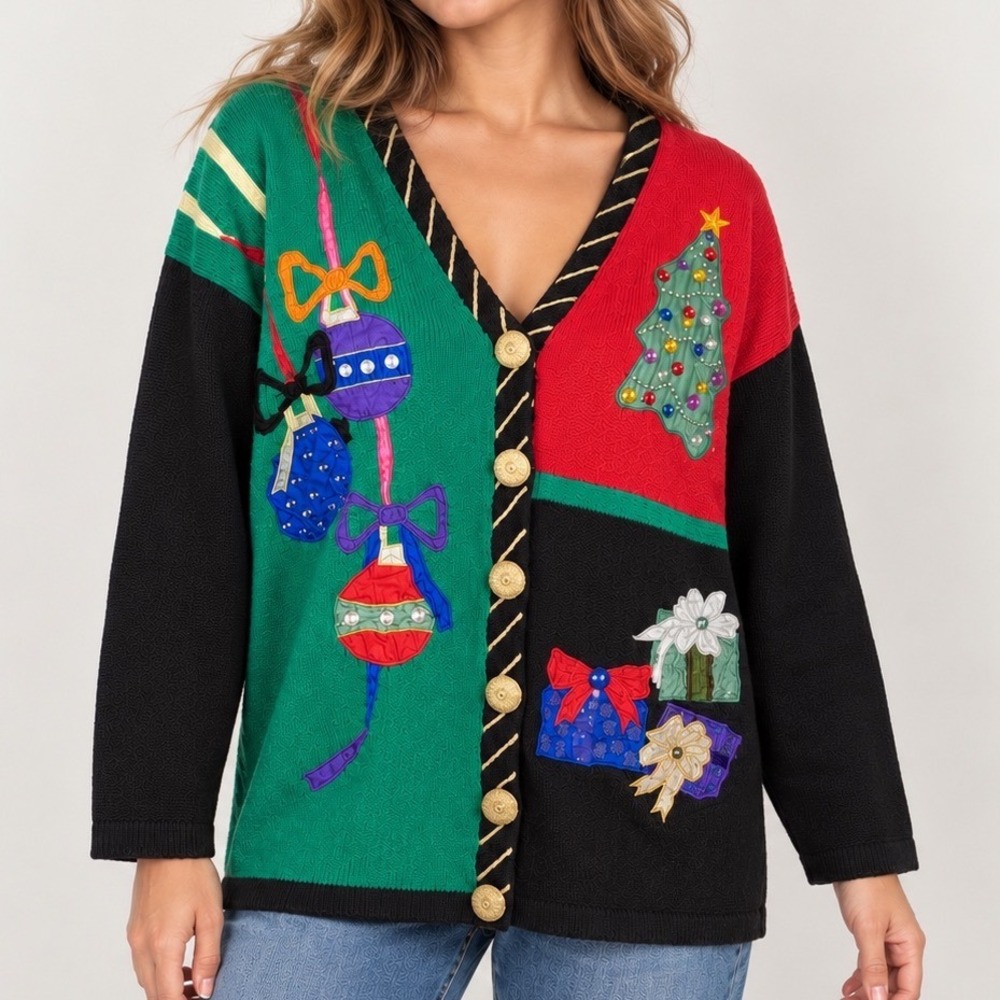 Vintage 90s Work in Progress Gladys Bagley Ugly Christmas Cardigan M Appliqué